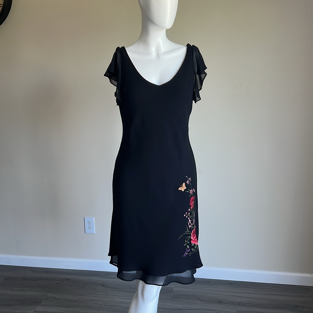SL Fashions Black and Red Sheath Mini Dress with Flutter Cap Sleeves.